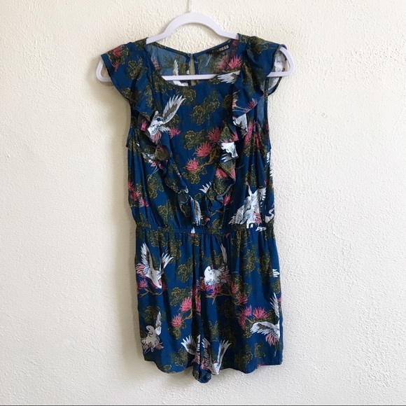 Express Crane Floral Teal Ruffle Playsuit Romper S - Picture 2 of 8